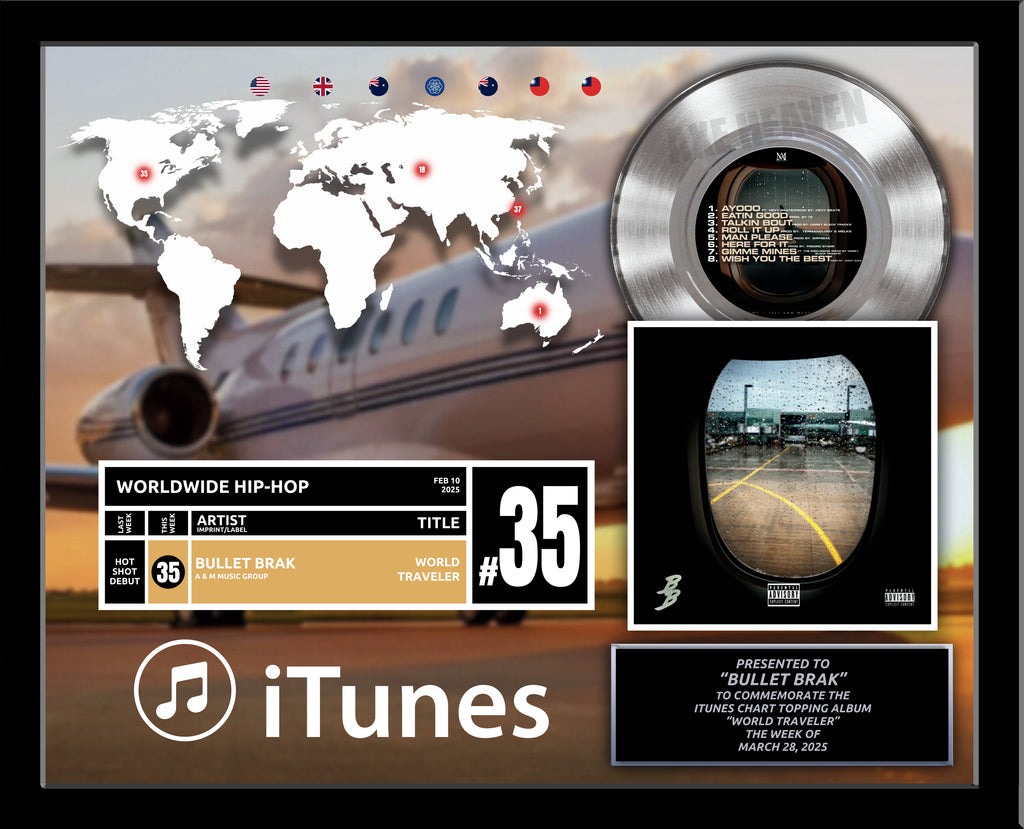HORIZONTAL - TOP of CHARTS Real Platinum 7" Record Album Award - 22" x 18" Framed Artist & Band - Billboard, iTunes, Spotify Recognition