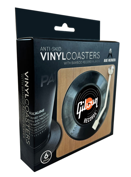 CUSTOM Logo Record Coaster Set of 6 with Bamboo Record Player - 4.25" Vinyl Record Coasters with Anti-Skid Bottom - 2 Images