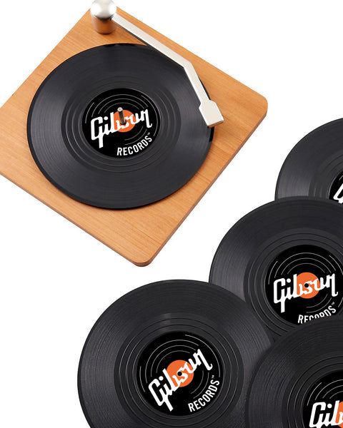 CUSTOM Logo Record Coaster Set of 6 with Bamboo Record Player - 4.25" Vinyl Record Coasters with Anti-Skid Bottom - 2 Images