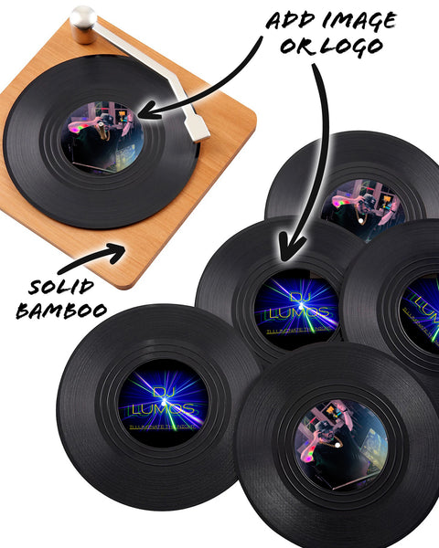 CUSTOM Logo Record Coaster Set of 6 with Bamboo Record Player - 4.25" Vinyl Record Coasters with Anti-Skid Bottom - 2 Images