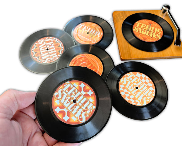 CUSTOM Logo Record Coaster Set of 6 with Bamboo Record Player - 4.25" Vinyl Record Coasters with Anti-Skid Bottom - 6 Images