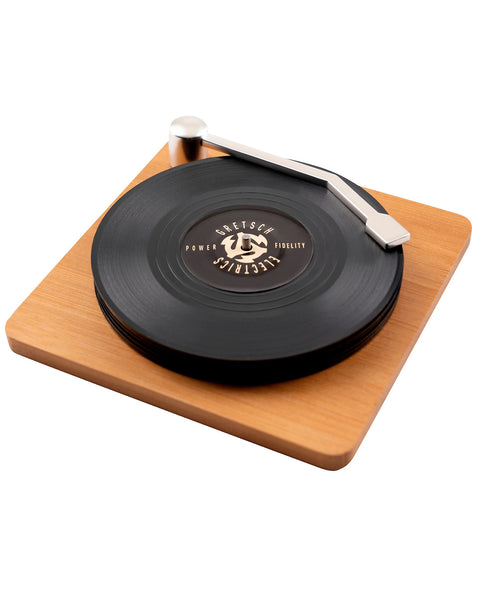 CUSTOM Logo Record Coaster Set of 6 with Bamboo Record Player - 4.25" Vinyl Record Coasters with Anti-Skid Bottom - 2 Images
