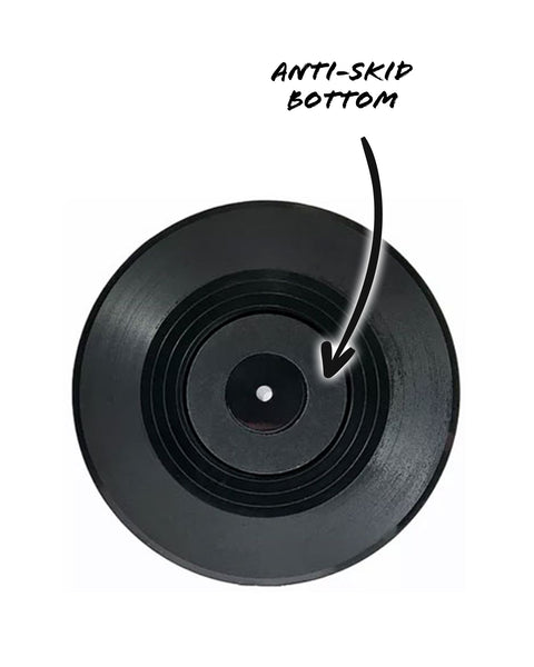 CUSTOM Logo Record Coaster Set of 6 with Bamboo Record Player - 4.25" Vinyl Record Coasters with Anti-Skid Bottom - 2 Images