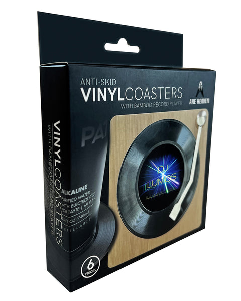 CUSTOM Logo Record Coaster Set of 6 with Bamboo Record Player - 4.25" Vinyl Record Coasters with Anti-Skid Bottom - 2 Images