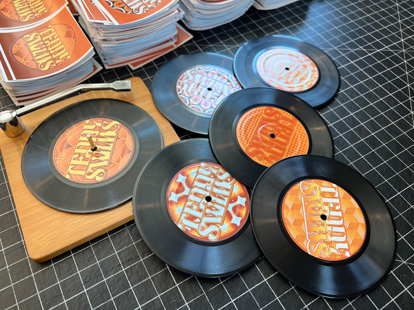 CUSTOM Logo Record Coaster Set of 6 with Bamboo Record Player - 4.25" Vinyl Record Coasters with Anti-Skid Bottom - 6 Images