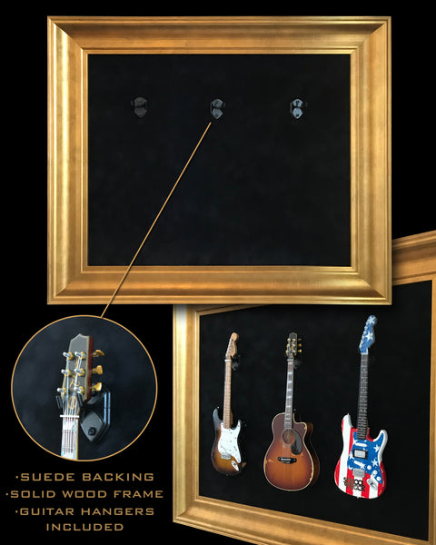 22” x 18” - 3 x Mini Guitar Display Frame - Black Suede - Warm Gold Leafing 2 1/4” Wood Frame