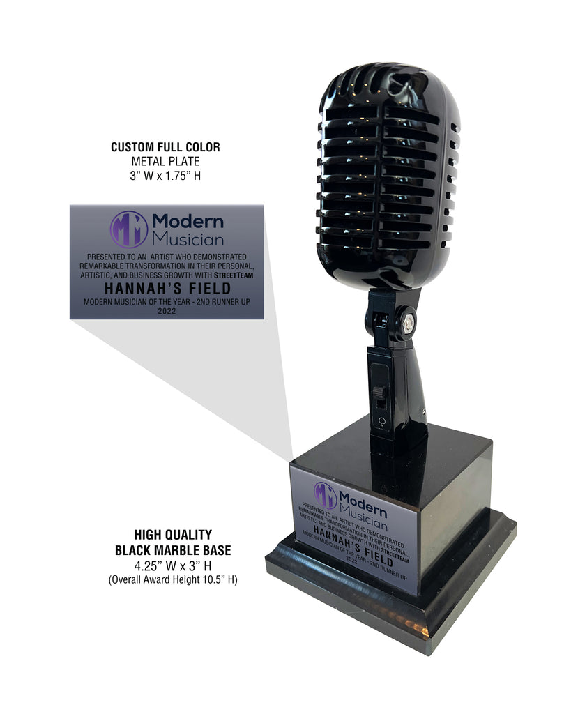 BLACK Vintage Microphone Award - Rockstar Real Retro Microphone Trophy Award - Black Marble Base