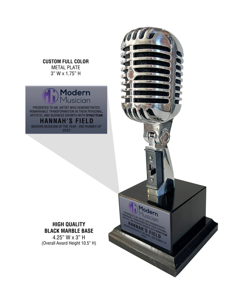 CHROME Microphone Trophy Award - Rockstar Real Metal Vintage Retro Microphone Trophy Award - Black Marble Base
