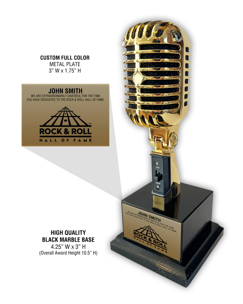GOLD Microphone Trophy Award - Rockstar Real Metal Vintage Retro Microphone Trophy Award - Black Marble Base