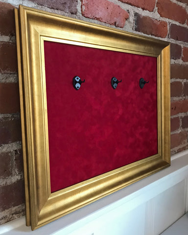 22” x 18” - 3 x Mini Guitar Display Frame - Deep Red Suede - Warm Gold Leafing 2 1/4” Wood Frame