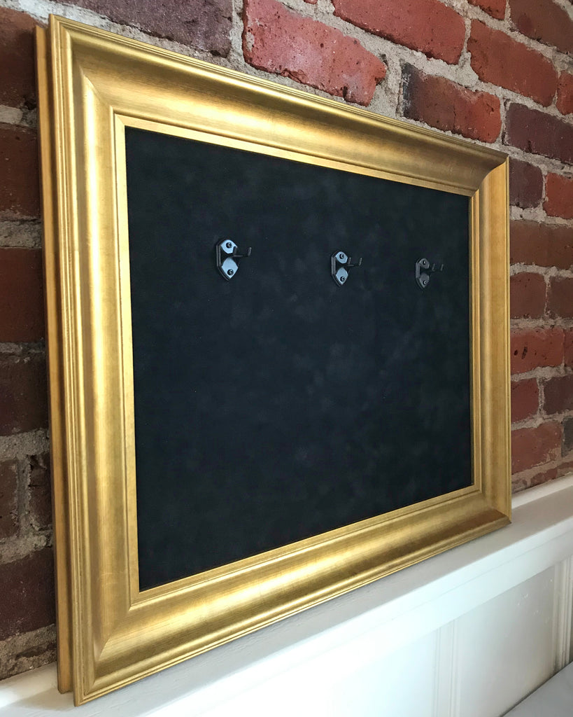 22” x 18” - 3 x Mini Guitar Display Frame - Black Suede - Warm Gold Leafing 2 1/4” Wood Frame