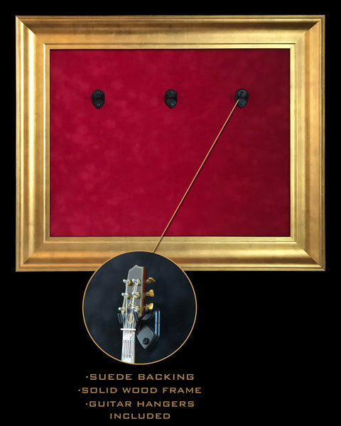 22” x 18” - 3 x Mini Guitar Display Frame - Deep Red Suede - Warm Gold Leafing 2 1/4” Wood Frame