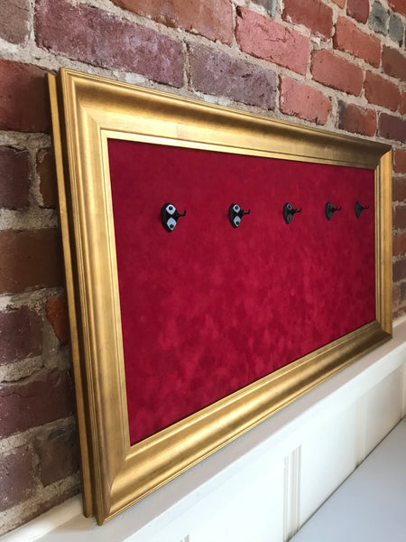 33” x 18” - 5 x Mini Guitar Display Frame - Deep Red Suede - Warm Gold Leafing 2 1/4” Wood Frame