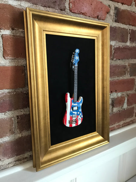 12” x 18” - 1 x Mini Guitar Display Frame - Black Suede - Warm Gold Leafing 2 1/4” Wood Frame