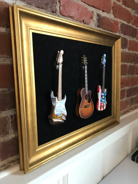 22” x 18” - 3 x Mini Guitar Display Frame - Black Suede - Warm Gold Leafing 2 1/4” Wood Frame