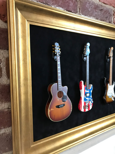33” x 18” - 5 x Mini Guitar Display Frame - Black Suede - Warm Gold Leafing 2 1/4” Wood Frame
