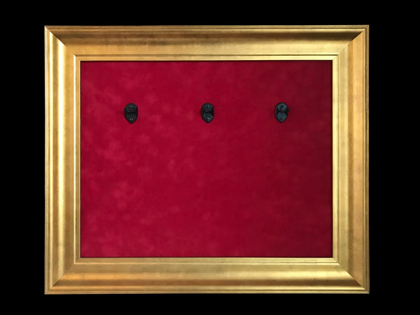 22” x 18” - 3 x Mini Guitar Display Frame - Deep Red Suede - Warm Gold Leafing 2 1/4” Wood Frame