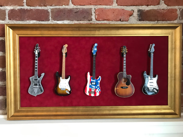 33” x 18” - 5 x Mini Guitar Display Frame - Deep Red Suede - Warm Gold Leafing 2 1/4” Wood Frame