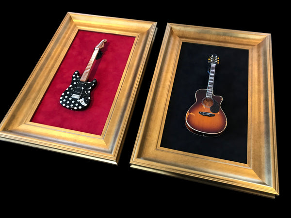 12” x 18” - 1 x Mini Guitar Display Frame - Black Suede - Warm Gold Leafing 2 1/4” Wood Frame