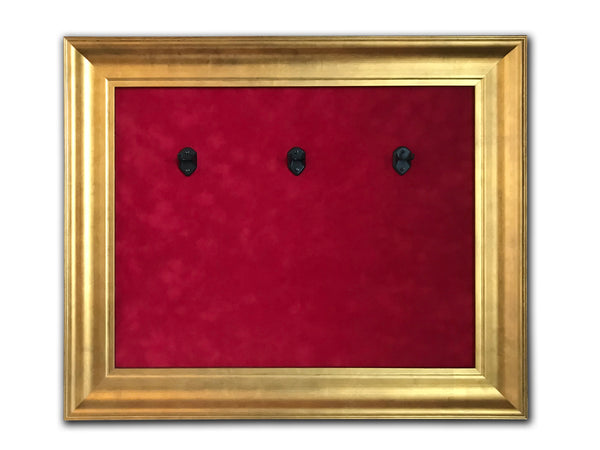 22” x 18” - 3 x Mini Guitar Display Frame - Deep Red Suede - Warm Gold Leafing 2 1/4” Wood Frame