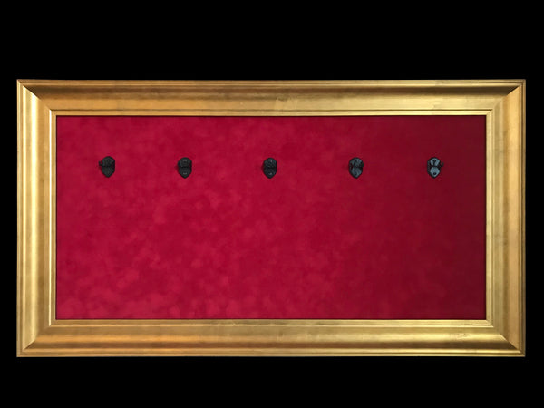 33” x 18” - 5 x Mini Guitar Display Frame - Deep Red Suede - Warm Gold Leafing 2 1/4” Wood Frame