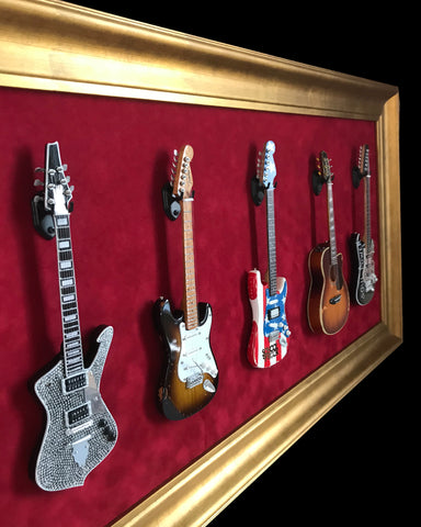 33” x 18” - 5 x Mini Guitar Display Frame - Deep Red Suede - Warm Gold Leafing 2 1/4” Wood Frame