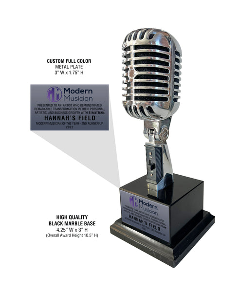 CHROME Microphone Trophy Award - Rockstar Real Metal Vintage Retro Microphone Trophy Award - Black Marble Base