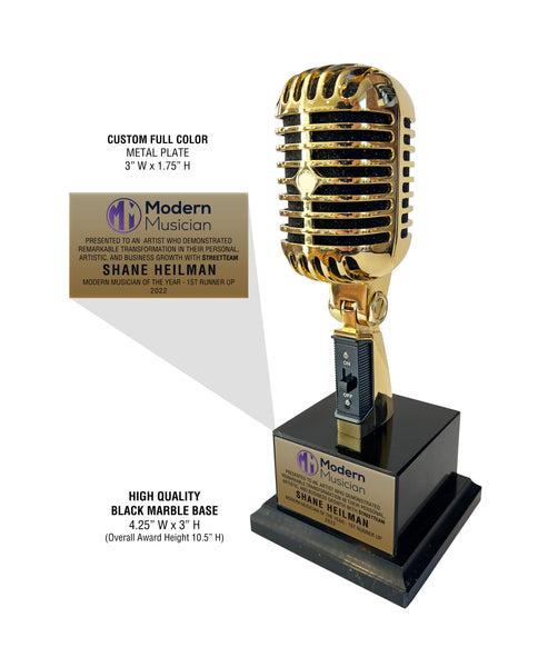 GOLD Microphone Trophy Award - Rockstar Real Metal Vintage Retro Microphone Trophy Award - Black Marble Base