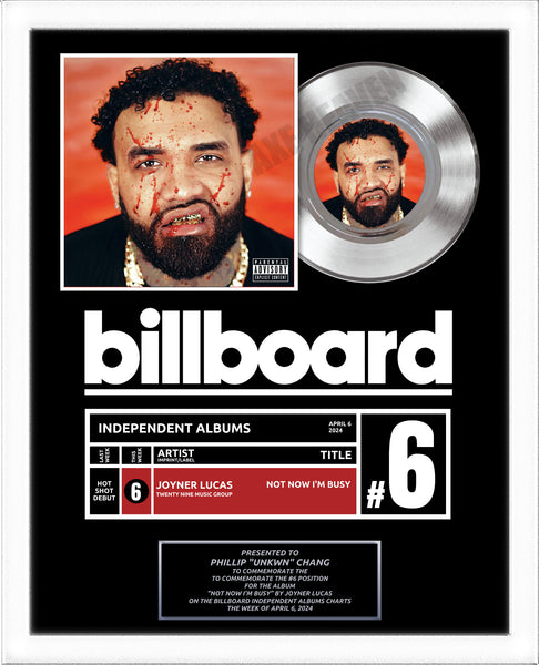 Top of Charts BILLBOARD Record Award - Platinum 7" Record Album Award - WHITE FRAMED - 18" x 22" Artist & Band