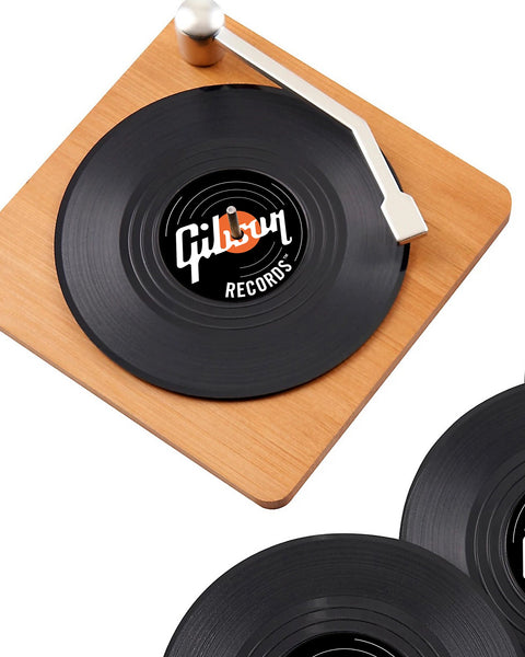 CUSTOM Logo Record Coaster Set of 6 with Bamboo Record Player - 4.25" Vinyl Record Coasters with Anti-Skid Bottom - 6 Images
