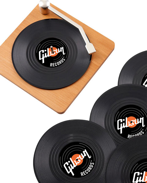 CUSTOM Logo Record Coaster Set of 6 with Bamboo Record Player - 4.25" Vinyl Record Coasters with Anti-Skid Bottom