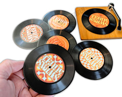 CUSTOM Logo Record Coaster Set of 6 with Bamboo Record Player - 4.25" Vinyl Record Coasters with Anti-Skid Bottom - 6 Images
