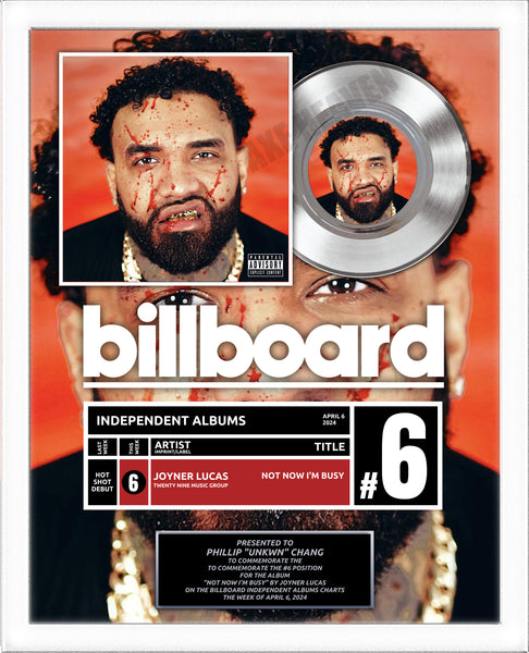 Top of Charts BILLBOARD Record Award - Platinum 7" Record Album Award - WHITE FRAMED - 18" x 22" Artist & Band