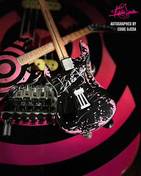 REAL AUTOGRAPH - Eddie Ojeda Distressed "Bulls Eye" TWISTED SISTER Mini Guitar