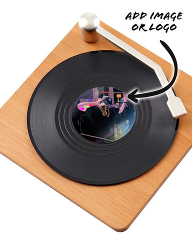 CUSTOM Logo Record Coaster Set of 6 with Bamboo Record Player - 4.25" Vinyl Record Coasters with Anti-Skid Bottom - 6 Images