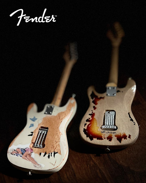 VAUGHAN BROTHER Set of Two 6" Fender® ORNAMENTS Stevie Ray Vaughan "SRV" & Jimmie Vaughan