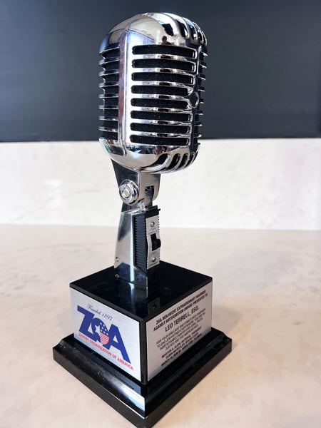GOLD Microphone Trophy Award - Rockstar Real Metal Vintage Retro Microphone Trophy Award - Black Marble Base