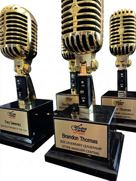 GOLD Microphone Trophy Award - Rockstar Real Metal Vintage Retro Microphone Trophy Award - Black Marble Base