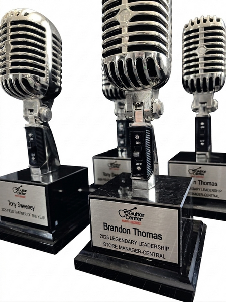 CHROME Microphone Trophy Award - Rockstar Real Metal Vintage Retro Microphone Trophy Award - Black Marble Base