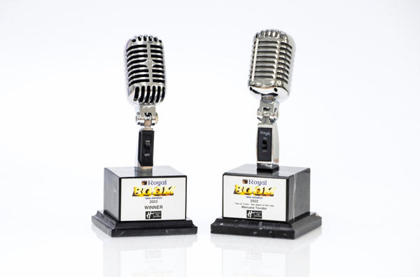 CHROME Microphone Trophy Award - Rockstar Real Metal Vintage Retro Microphone Trophy Award - Black Marble Base