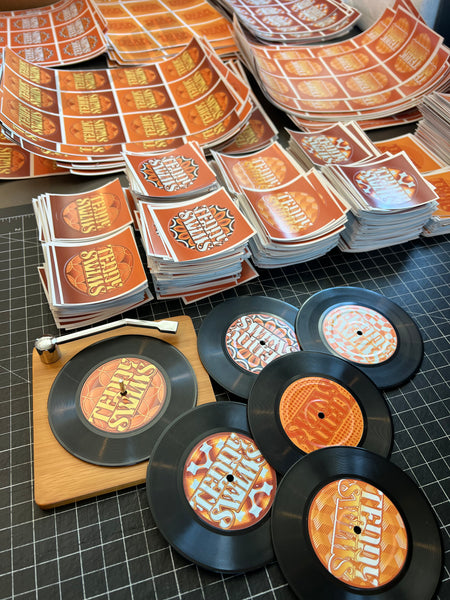 CUSTOM Logo Record Coaster Set of 6 with Bamboo Record Player - 4.25" Vinyl Record Coasters with Anti-Skid Bottom - 6 Images