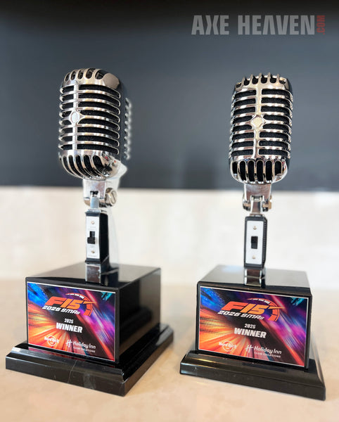 GOLD Microphone Trophy Award - Rockstar Real Metal Vintage Retro Microphone Trophy Award - Black Marble Base
