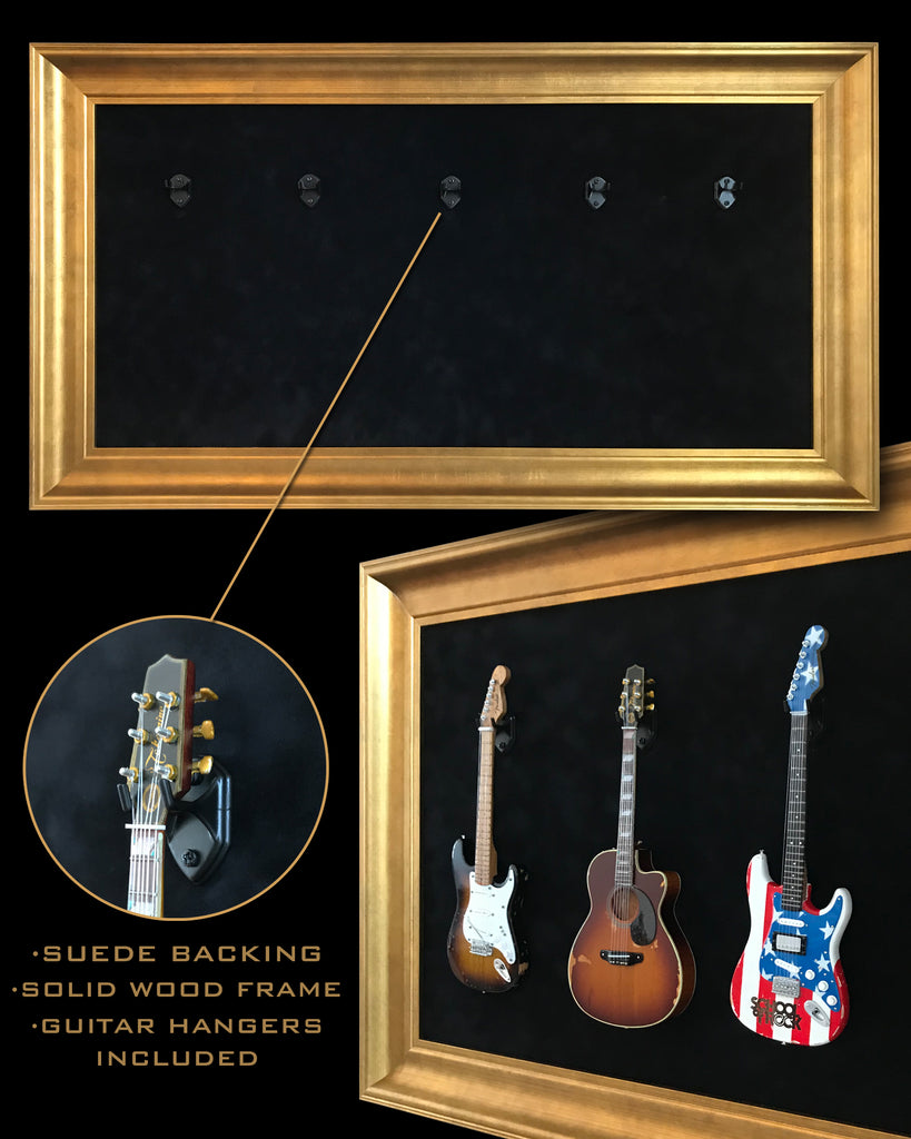 33” x 18” - 5 x Mini Guitar Display Frame - Black Suede - Warm Gold Leafing 2 1/4” Wood Frame