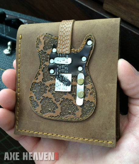 Brown Embossed Paisley Electric Guitar Wallet - Handmade from Genuine Leather