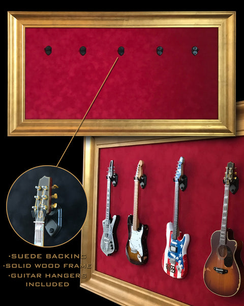 33” x 18” - 5 x Mini Guitar Display Frame - Deep Red Suede - Warm Gold Leafing 2 1/4” Wood Frame