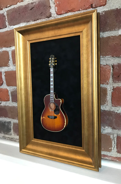 12” x 18” - 1 x Mini Guitar Display Frame - Black Suede - Warm Gold Leafing 2 1/4” Wood Frame
