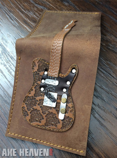 Brown Embossed Paisley Electric Guitar Wallet - Handmade from Genuine Leather