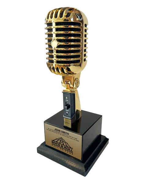 GOLD Microphone Trophy Award - Rockstar Real Metal Vintage Retro Microphone Trophy Award - Black Marble Base