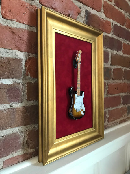 12” x 18” - 1 x Mini Guitar Display Frame - Deep Red Suede - Warm Gold Leafing 2 1/4” Wood Frame