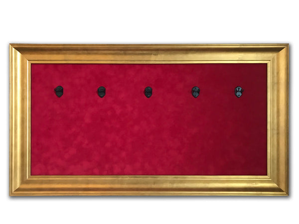 33” x 18” - 5 x Mini Guitar Display Frame - Deep Red Suede - Warm Gold Leafing 2 1/4” Wood Frame